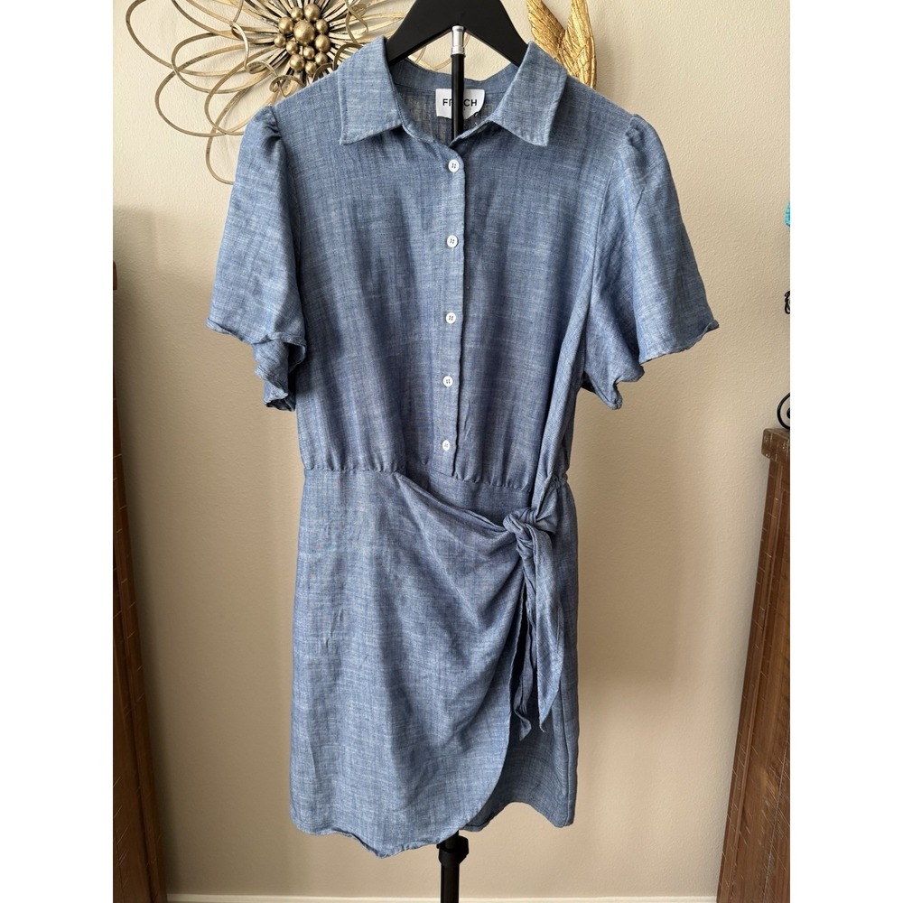 FRNCH Paris Chambray Wrap Dress Womens M Blue Button Front Tie Waist Casual Midi